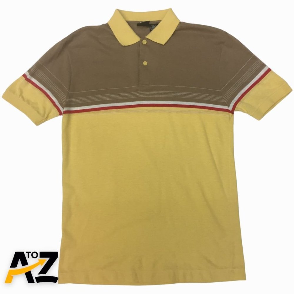 Vintage Peter B Mens Polo Shirt Size M Yellow Brown Striped Short Sleeves Collar